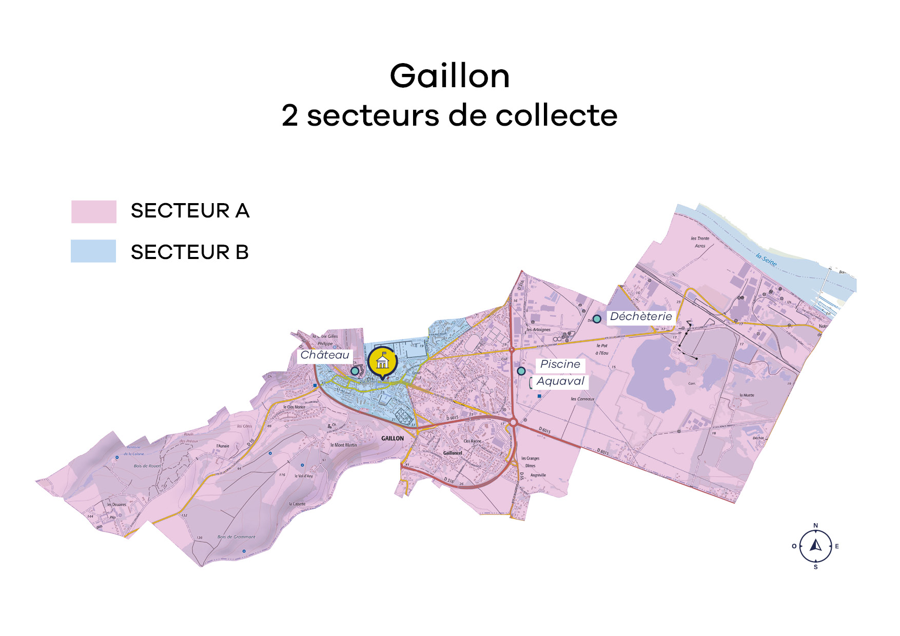 Carte des secteurs de collectes des ordures ménagères en porte à porte à Gaillon (Eure)