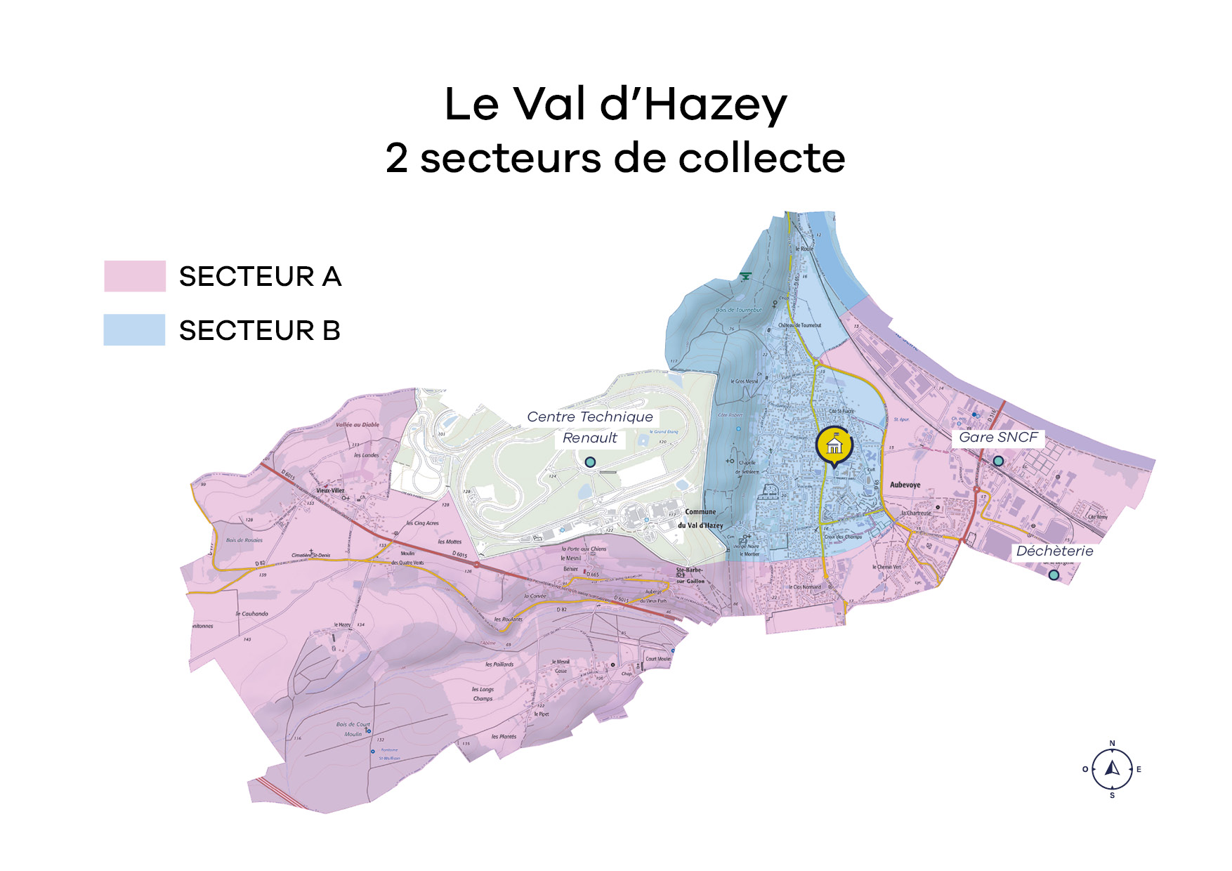 Carte des secteurs de collectes des ordures ménagères en porte à porte au Val-d'Hazey (Eure)