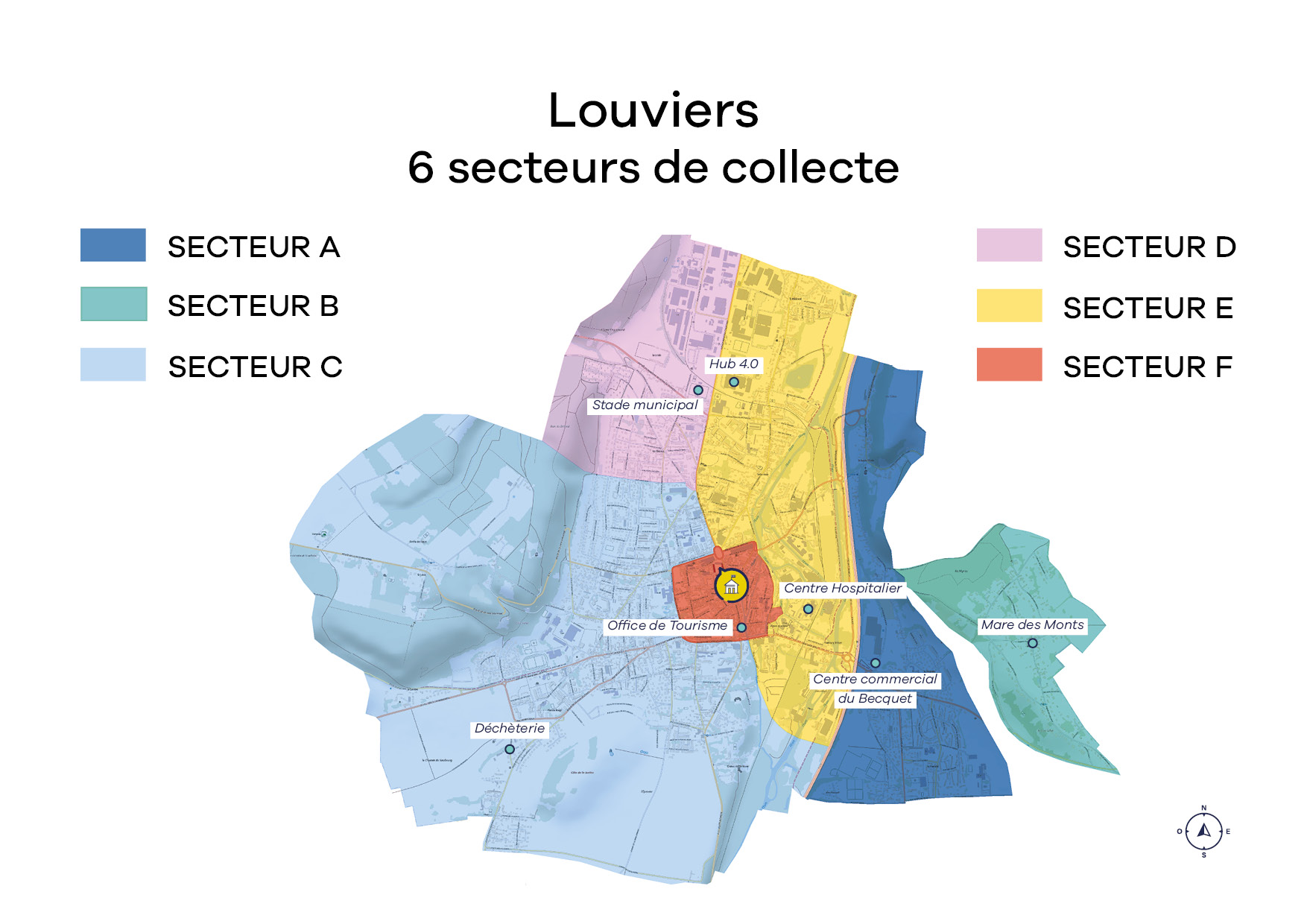 Carte des secteurs de collectes des ordures ménagères en porte à porte à Louviers (Eure)