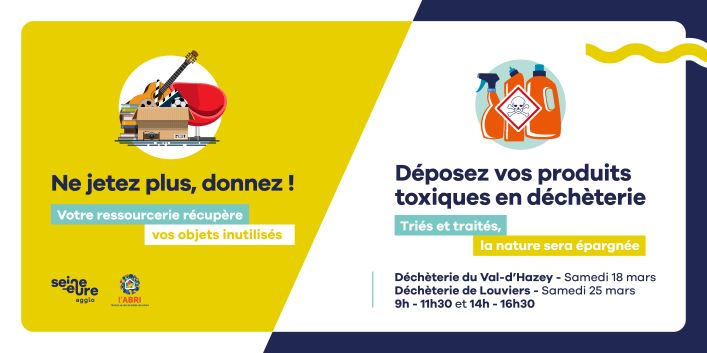 Visuel illustrant les journées de collectes réemloi et pesticides dans les déchèteries du Val d'Hazey et de Louviers en mars 2023