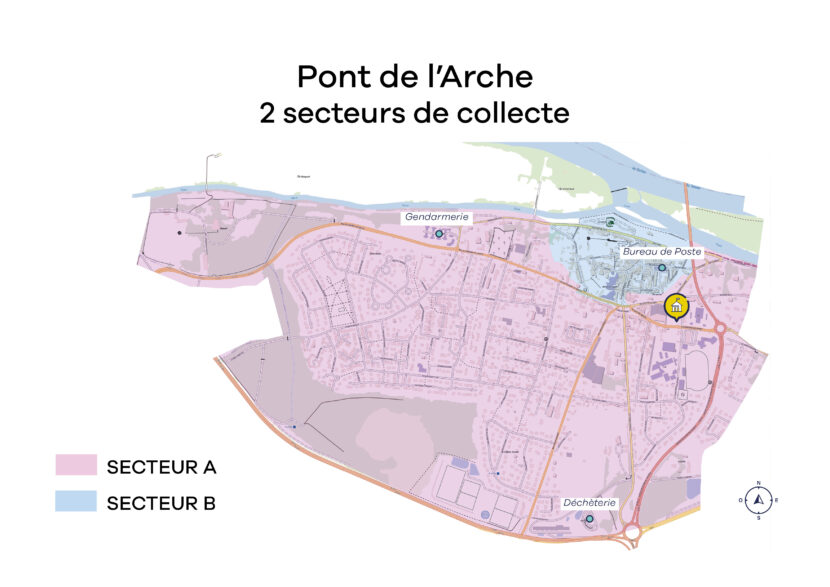 Carte des secteurs de collectes des ordures ménagères en porte à porte à Pont-de-l'Arche (Eure) en 2024
