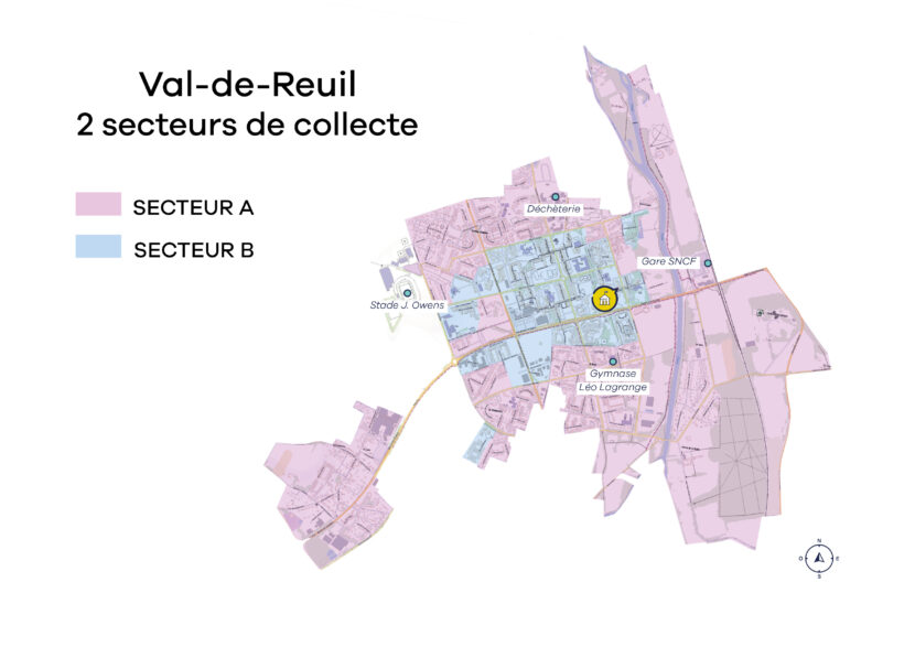 Carte des secteurs de collectes des ordures ménagères en porte à porte à Val-de-Reuil (Eure) en 2024